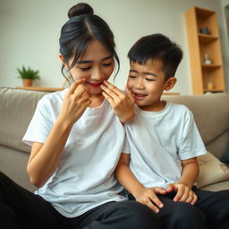 A beautiful Asian woman, 20 years old, with fair skin, wearing a white t-shirt and black long pants