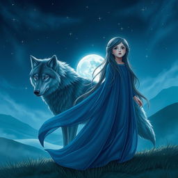 A serene night scene featuring a girl in a flowing blue long dress, her hair cascading elegantly around her shoulders