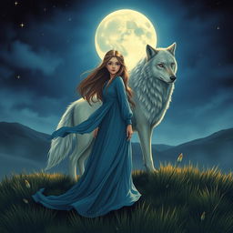 A serene night scene featuring a girl in a flowing blue long dress, her hair cascading elegantly around her shoulders