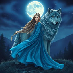 A serene night scene featuring a girl in a flowing blue long dress, her hair cascading elegantly around her shoulders