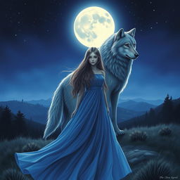A serene night scene featuring a girl in a flowing blue long dress, her hair cascading elegantly around her shoulders