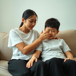 A realistic image of a beautiful Asian older sister, aged 20, with fair skin, wearing a white t-shirt and black long pants