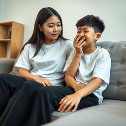 A realistic image of a beautiful Asian older sister, aged 20, with fair skin, wearing a white t-shirt and black long pants