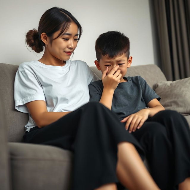 A realistic image of a beautiful Asian older sister, aged 20, with fair skin, wearing a white t-shirt and black long pants