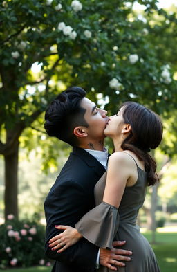A romantic scene in a park featuring a 45-year-old mafia man with a black suit and neatly styled black hair