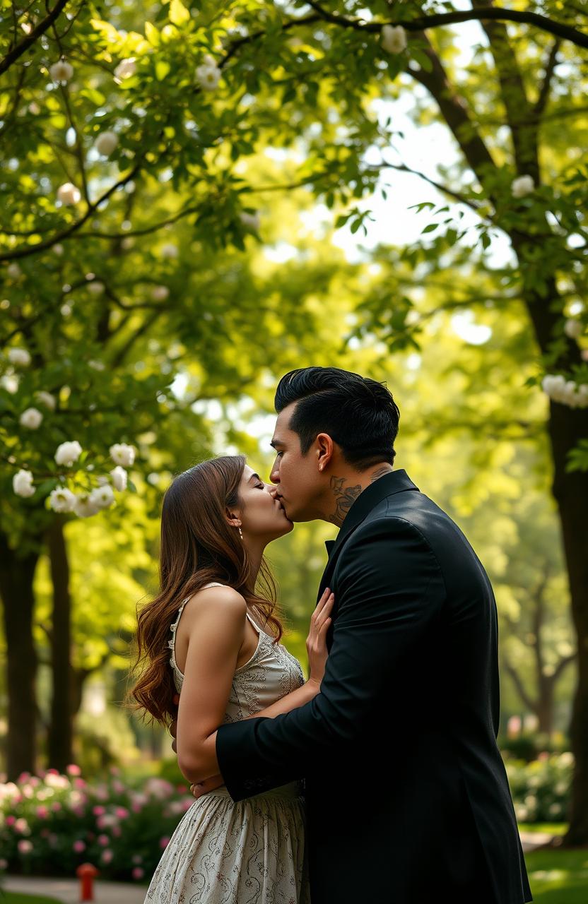 A romantic scene in a park featuring a 45-year-old mafia man with a black suit and neatly styled black hair