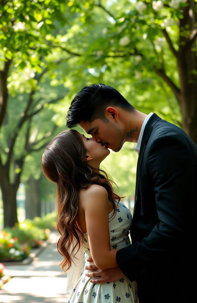 A romantic scene in a park featuring a 45-year-old mafia man with a black suit and neatly styled black hair