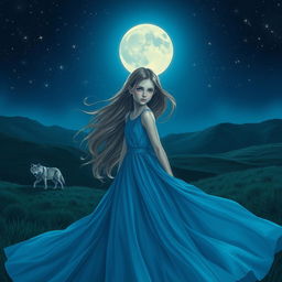 A captivating night scene featuring a girl in a flowing blue long dress, her hair cascading gently with the breeze