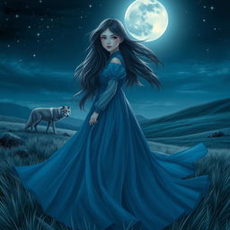 A captivating night scene featuring a girl in a flowing blue long dress, her hair cascading gently with the breeze