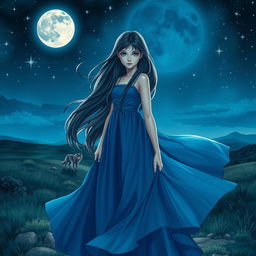 A captivating night scene featuring a girl in a flowing blue long dress, her hair cascading gently with the breeze