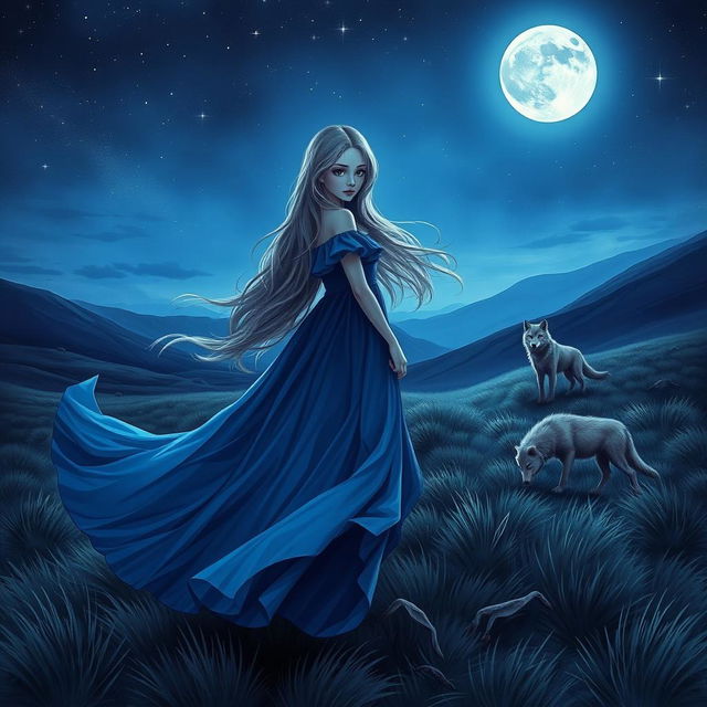 A captivating night scene featuring a girl in a flowing blue long dress, her hair cascading gently with the breeze