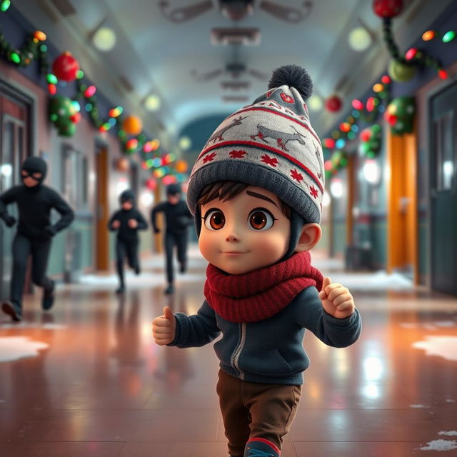 a vibrant 3D animated scene inside an empty school corridor during a winter night, beautifully decorated with colorful Christmas lights and ornaments