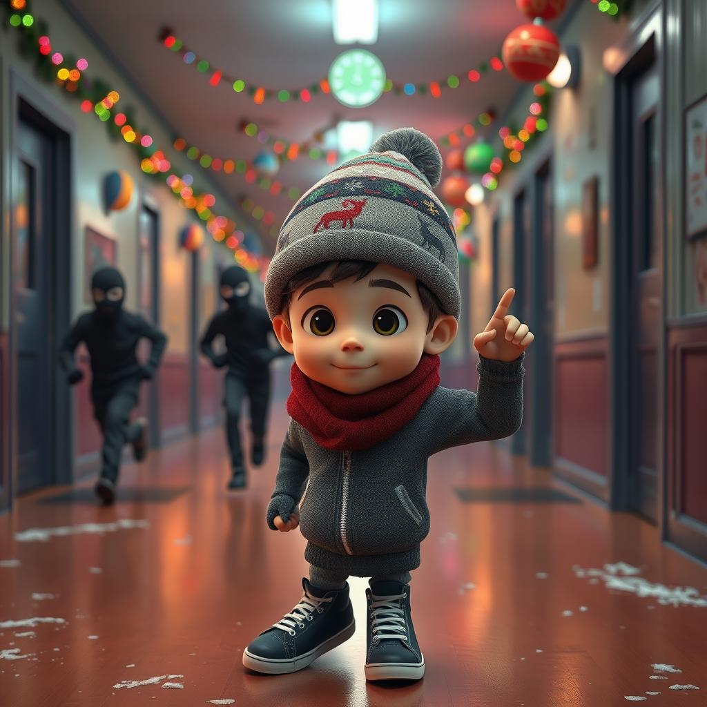 a vibrant 3D animated scene inside an empty school corridor during a winter night, beautifully decorated with colorful Christmas lights and ornaments