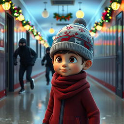 a vibrant 3D animated scene inside an empty school corridor during a winter night, beautifully decorated with colorful Christmas lights and ornaments