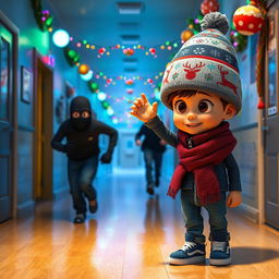 a vibrant 3D animated scene inside an empty school corridor during a winter night, beautifully decorated with colorful Christmas lights and ornaments
