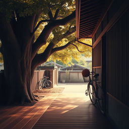 A beautifully serene scene inspired by the film 'Your Name', featuring a slightly distant view of a traditional Japanese wooden house corridor on the right side