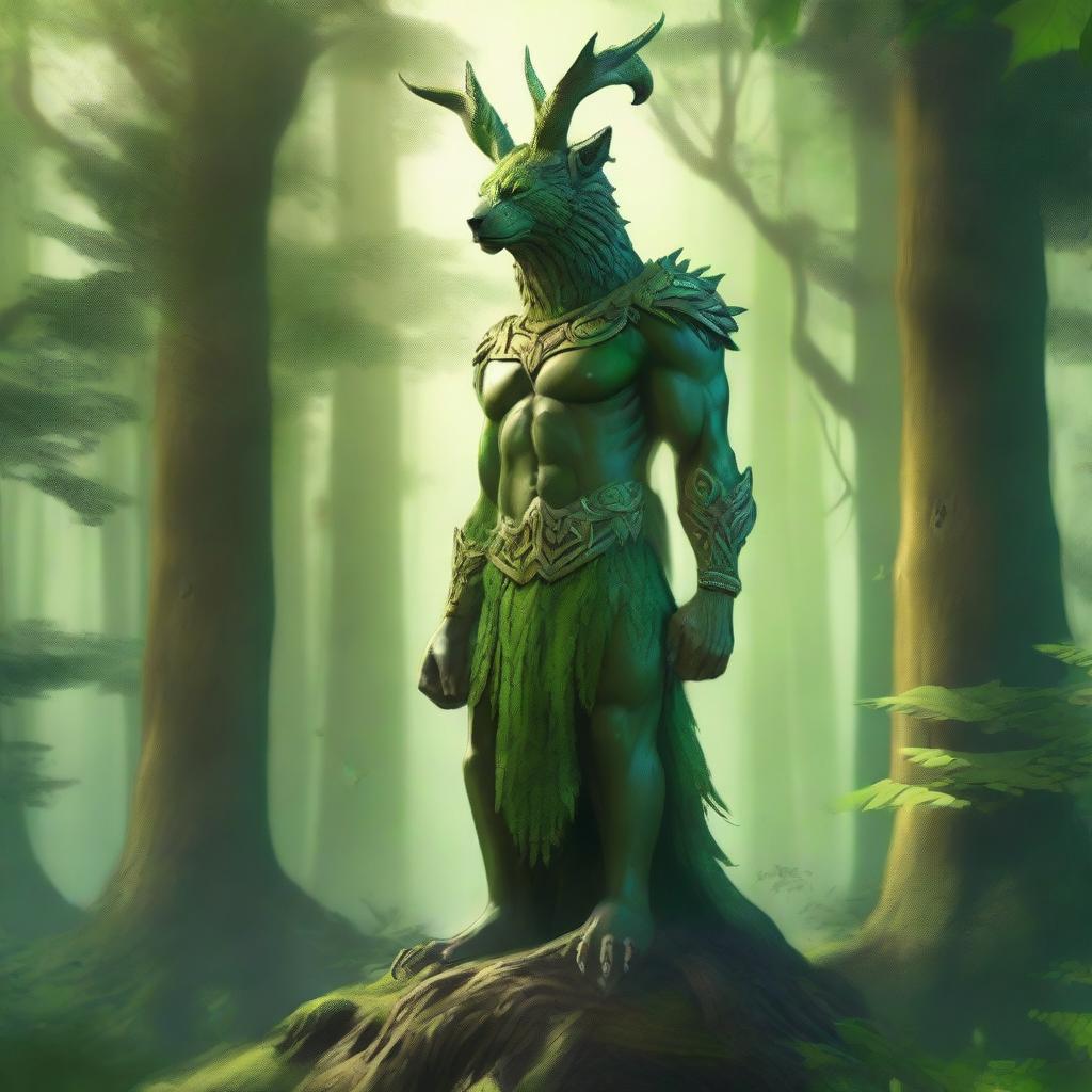 An illustrative image in high resolution, depicting a majestic forest guardian