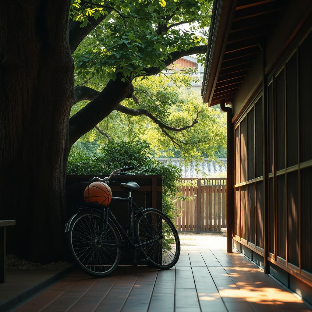A beautifully serene scene inspired by the film 'Your Name', featuring a slightly distant view of a traditional Japanese wooden house corridor on the right side