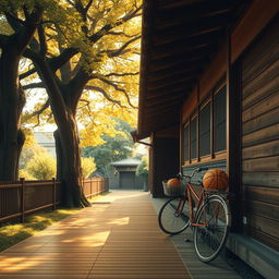 A beautifully serene scene inspired by the film 'Your Name', featuring a slightly distant view of a traditional Japanese wooden house corridor on the right side
