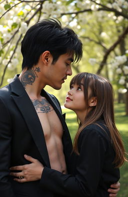 A romantic scene in a lush green park where a 45-year-old mafia man is sharing a tender moment with an 18-year-old girl