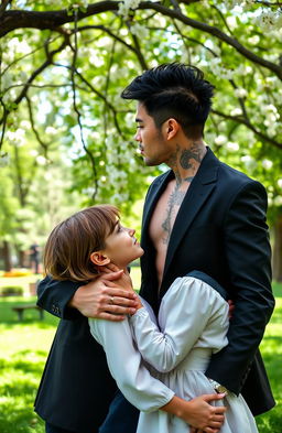 A romantic scene in a lush green park where a 45-year-old mafia man is sharing a tender moment with an 18-year-old girl