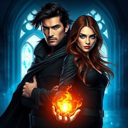 A captivating fantasy scene featuring a powerful duo standing against a glowing, mystical backdrop