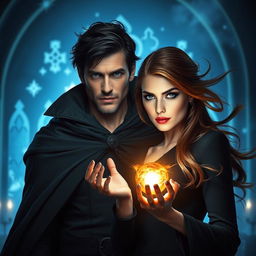 A captivating fantasy scene featuring a powerful duo standing against a glowing, mystical backdrop