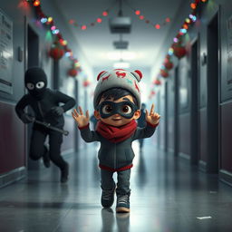 an exciting 3D animated scene set inside an empty school corridor during a winter night, decorated with colorful Christmas lights and festive ornaments
