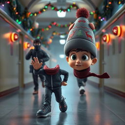 an exciting 3D animated scene set inside an empty school corridor during a winter night, decorated with colorful Christmas lights and festive ornaments