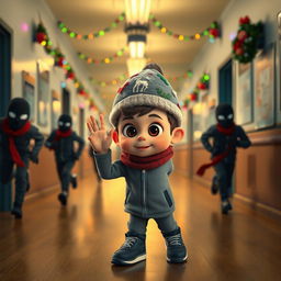 an exciting 3D animated scene set inside an empty school corridor during a winter night, decorated with colorful Christmas lights and festive ornaments