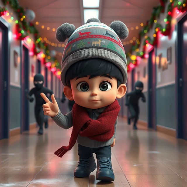 an exciting 3D animated scene set inside an empty school corridor during a winter night, decorated with colorful Christmas lights and festive ornaments