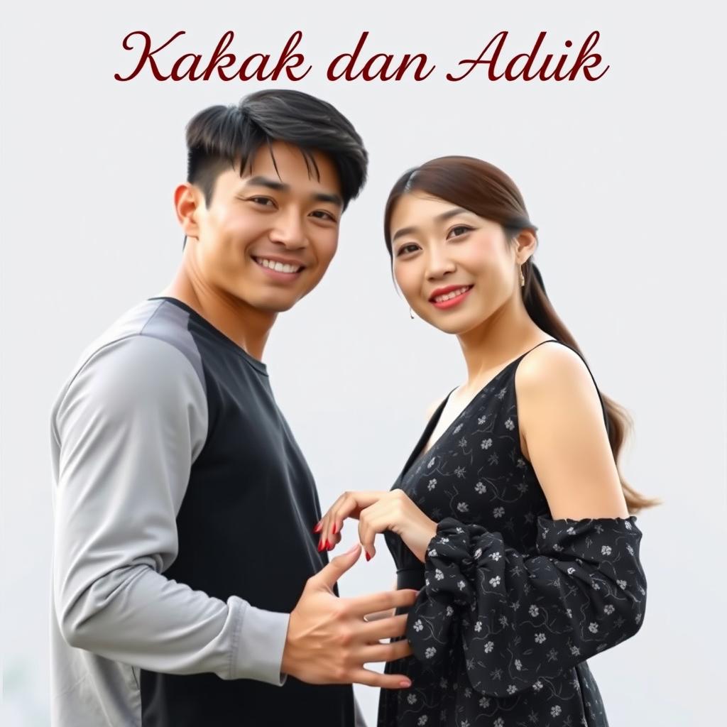 A striking, handsome Asian male with a macho appearance standing beside a beautiful, graceful Korean woman