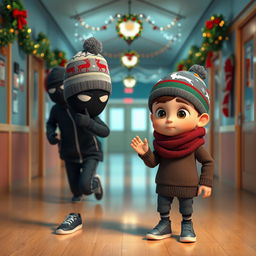 an engaging 3D animated scene inside an empty school corridor at night, adorned with vibrant Christmas decorations and twinkling lights