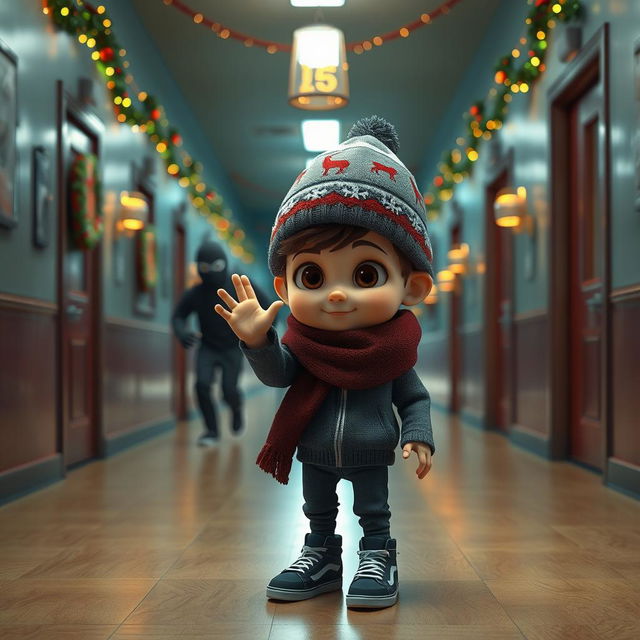 an engaging 3D animated scene inside an empty school corridor at night, adorned with vibrant Christmas decorations and twinkling lights