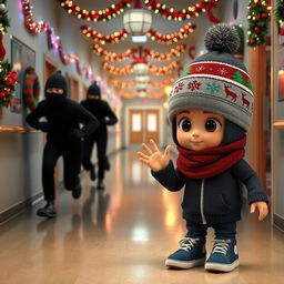 an engaging 3D animated scene inside an empty school corridor at night, adorned with vibrant Christmas decorations and twinkling lights