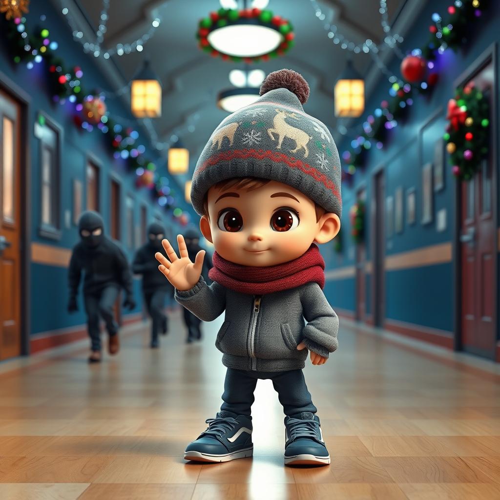 an engaging 3D animated scene inside an empty school corridor at night, adorned with vibrant Christmas decorations and twinkling lights