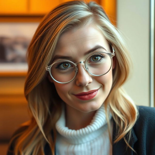 A sensual Irish woman with light chestnut hair styled elegantly, wearing round silver glasses that complement her facial features