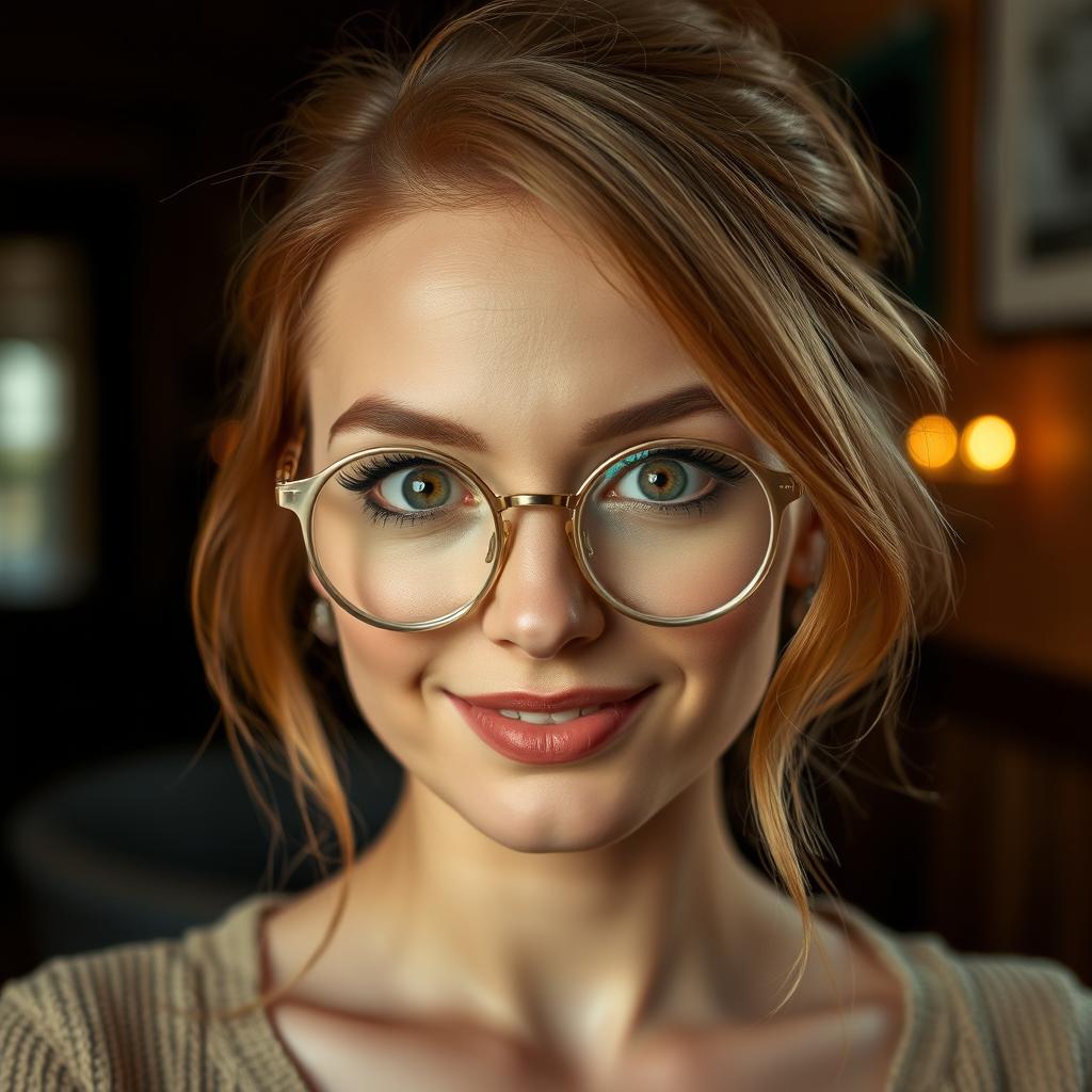 A sensual Irish woman with light chestnut hair styled elegantly, wearing round silver glasses that complement her facial features