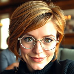 A sensual Irish woman with light chestnut hair styled elegantly, wearing round silver glasses that complement her facial features