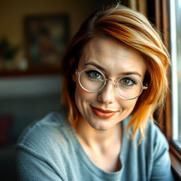 A sensual Irish woman with light chestnut hair styled elegantly, wearing round silver glasses that complement her facial features