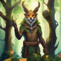 A high-quality illustration that portrays a forest guardian with a warm, welcoming smile