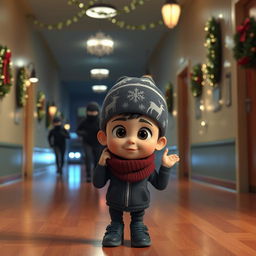 a dynamic 3D animated scene inside an empty school corridor at night, with festive Christmas decorations and twinkling lights illuminating the space