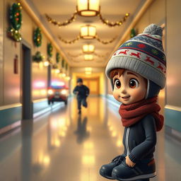 a dynamic 3D animated scene inside an empty school corridor at night, with festive Christmas decorations and twinkling lights illuminating the space