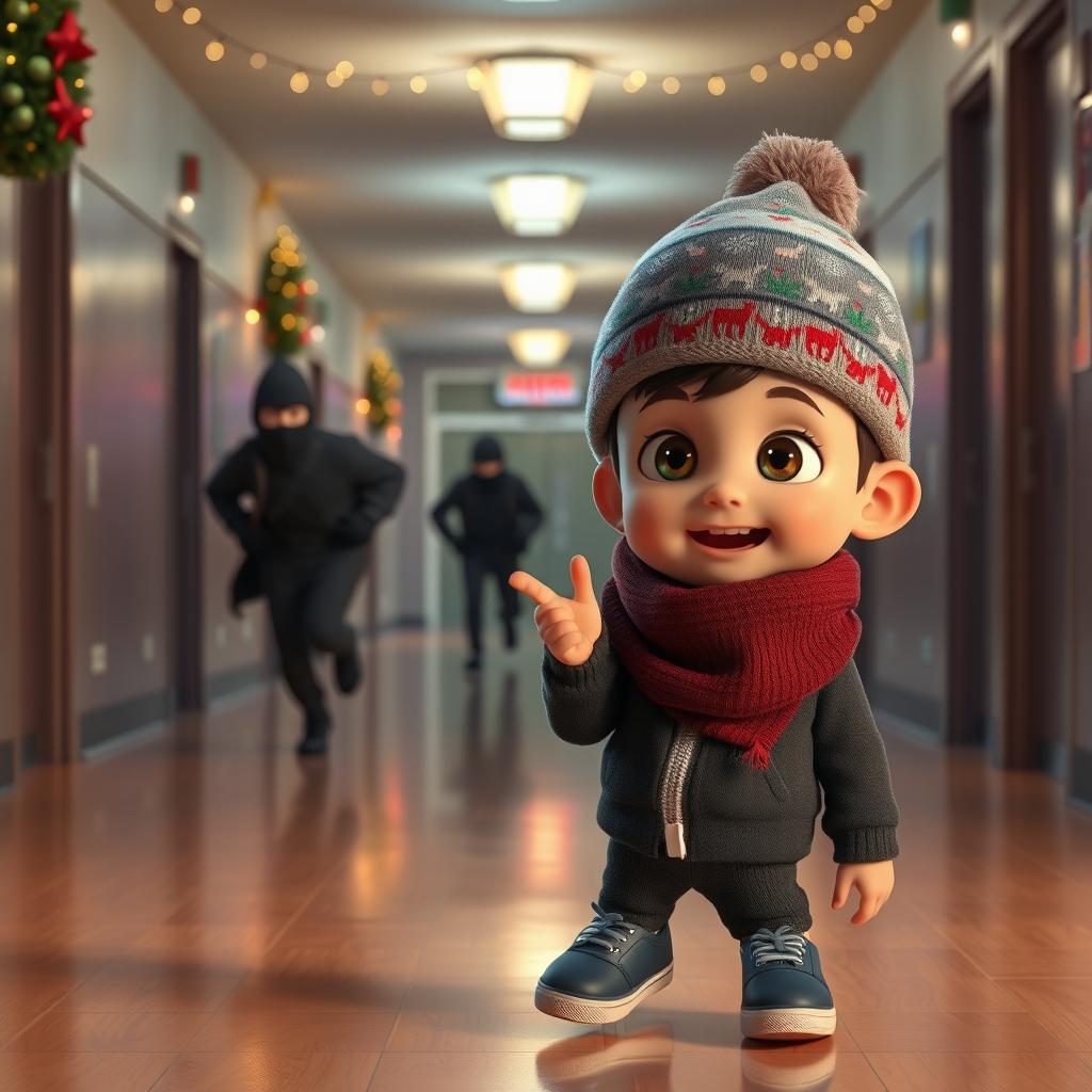 a dynamic 3D animated scene inside an empty school corridor at night, with festive Christmas decorations and twinkling lights illuminating the space