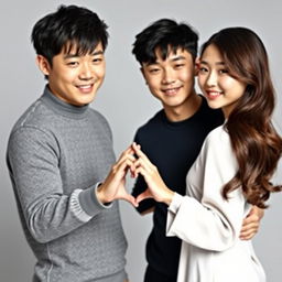 A handsome Asian male duo, one older brother and one younger brother, with a macho appearance, standing together with a beautiful, attractive Korean woman