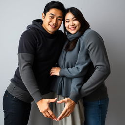 A handsome Asian male duo, one older brother and one younger brother, with a macho appearance, standing together with a beautiful, attractive Korean woman