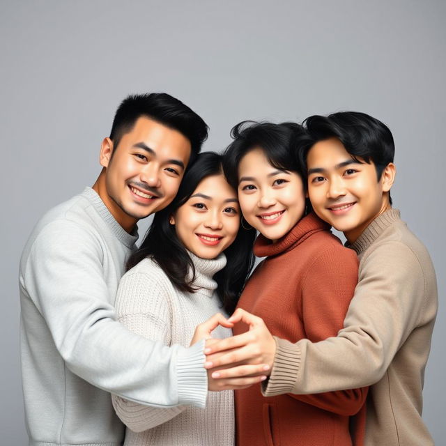 A handsome Asian male duo, one older brother and one younger brother, with a macho appearance, standing together with a beautiful, attractive Korean woman