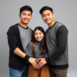 A handsome Asian male duo, one older brother and one younger brother, with a macho appearance, standing together with a beautiful, attractive Korean woman