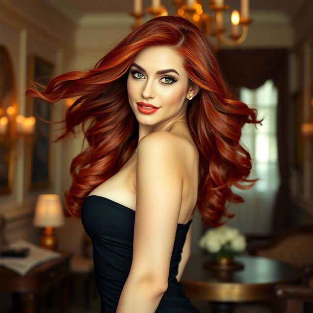 A stunningly beautiful woman with flowing red hair, wearing a form-fitting black dress that accentuates her curves, standing confidently in an elegant setting