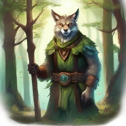 A high-quality illustration that portrays a forest guardian with a warm, welcoming smile